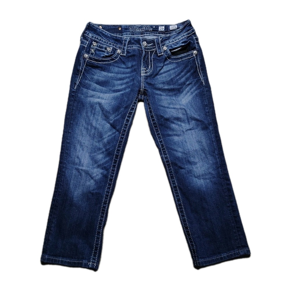 Miss Me Jeans Womens 26 Blue‎ Low Rise Cuffed Capri Distressed Rhinestone Rock